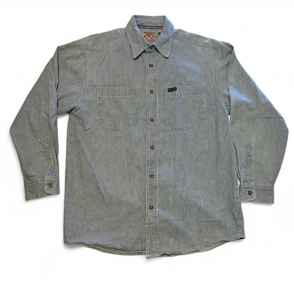 VTG 90s Guess Jeans Hickory Stripe Work Shirt L Denim Chore Button Up Hong Kong